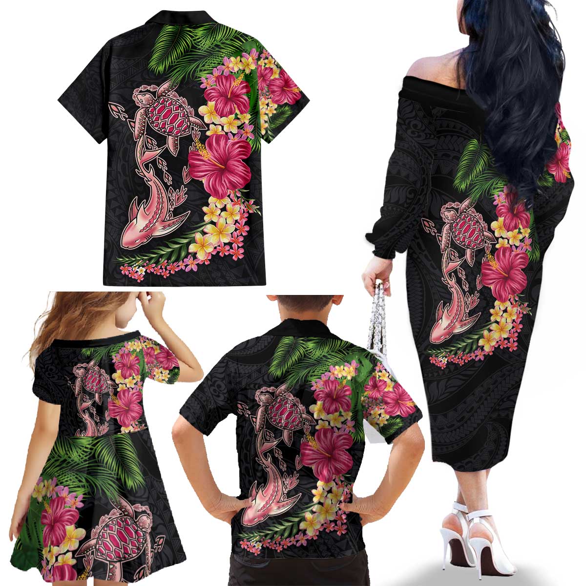 Hawaiian Tropical Plants Turtle and Shark Family Matching Off The Shoulder Long Sleeve Dress and Hawaiian Shirt Polynesian Art Tattoo