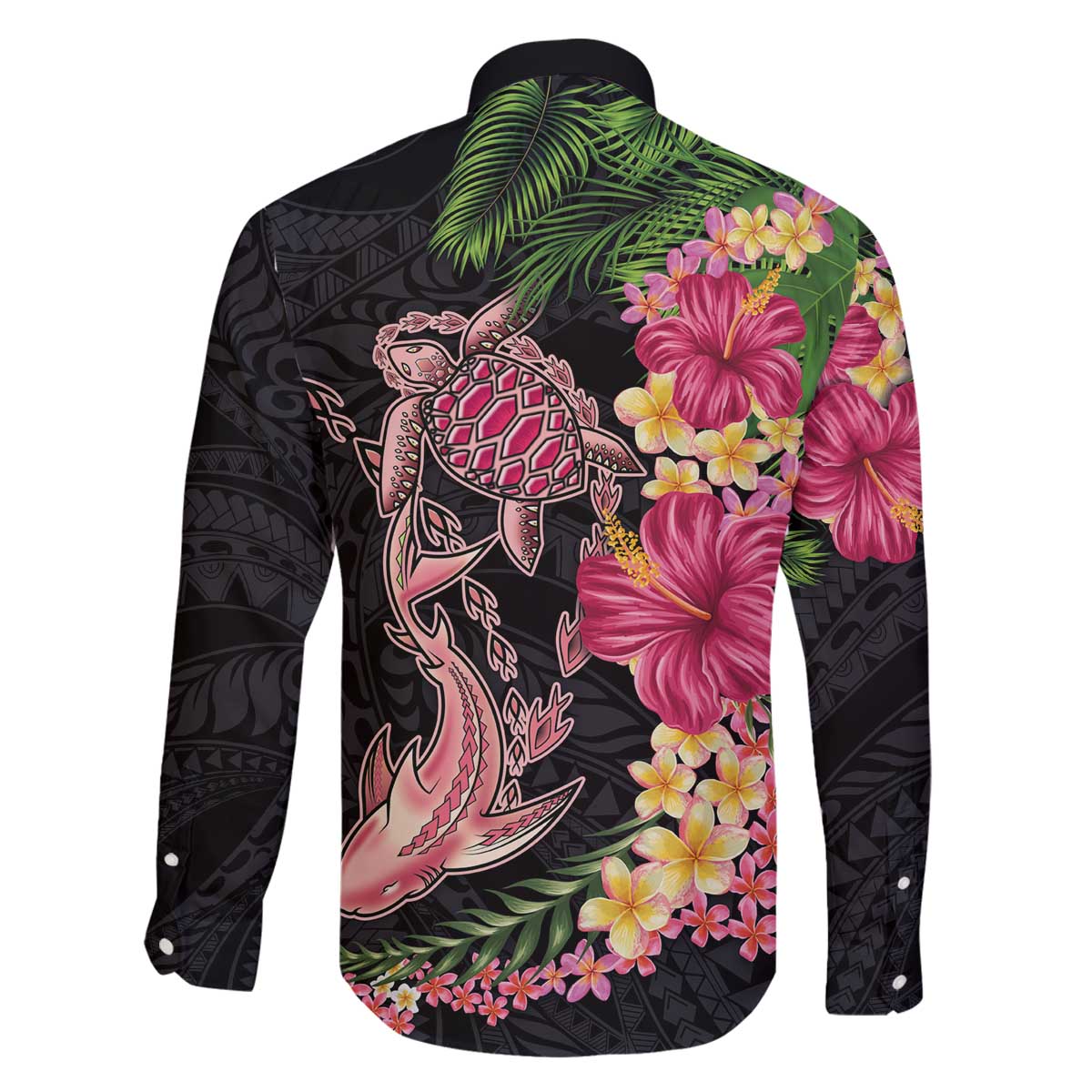 Hawaiian Tropical Plants Turtle and Shark Family Matching Off The Shoulder Long Sleeve Dress and Hawaiian Shirt Polynesian Art Tattoo