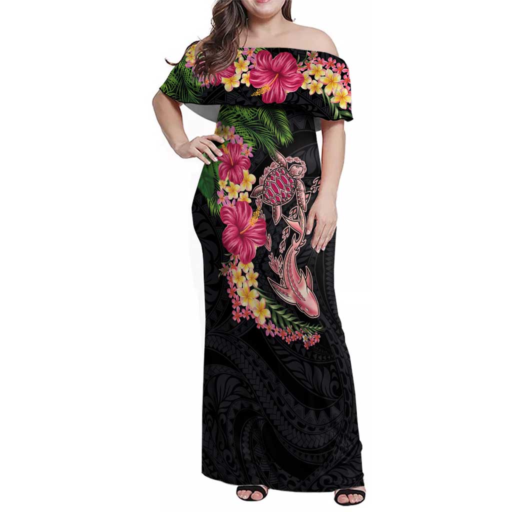 Hawaiian Tropical Plants Turtle and Shark Family Matching Off Shoulder Maxi Dress and Hawaiian Shirt Polynesian Art Tattoo