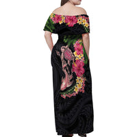 Hawaiian Tropical Plants Turtle and Shark Family Matching Off Shoulder Maxi Dress and Hawaiian Shirt Polynesian Art Tattoo