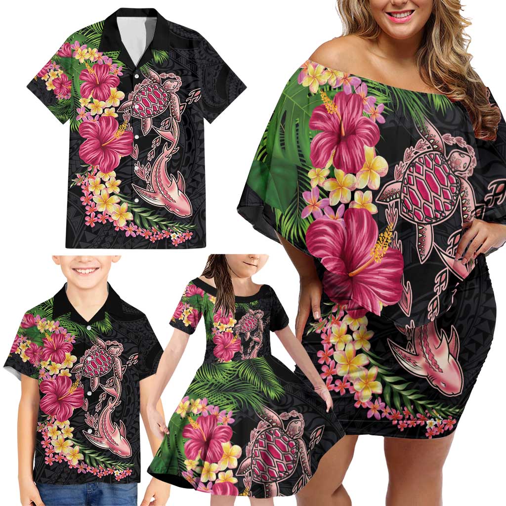 Hawaiian Tropical Plants Turtle and Shark Family Matching Off Shoulder Short Dress and Hawaiian Shirt Polynesian Art Tattoo