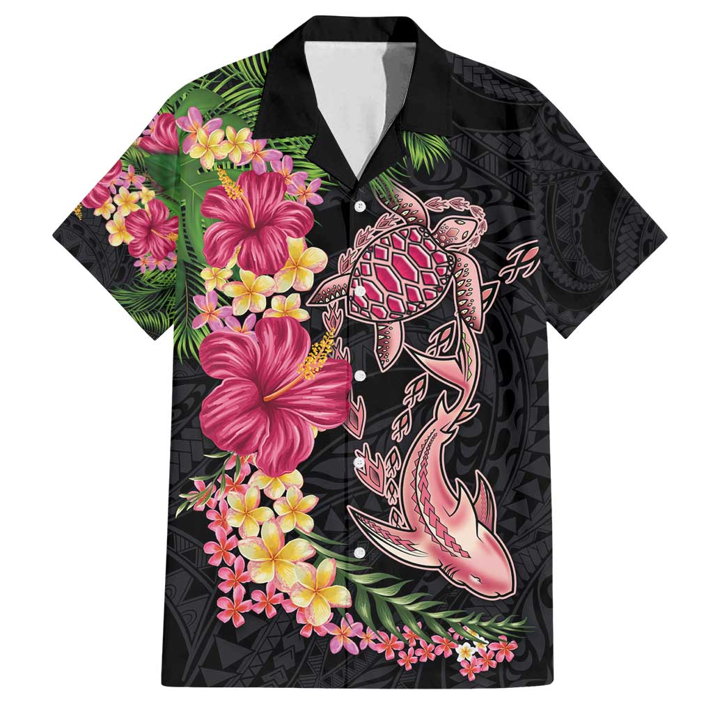 Hawaiian Tropical Plants Turtle and Shark Family Matching Off Shoulder Short Dress and Hawaiian Shirt Polynesian Art Tattoo