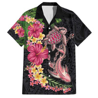 Hawaiian Tropical Plants Turtle and Shark Family Matching Off Shoulder Short Dress and Hawaiian Shirt Polynesian Art Tattoo