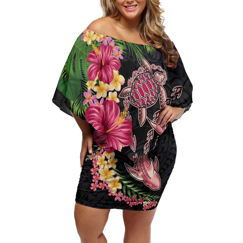Hawaiian Tropical Plants Turtle and Shark Family Matching Off Shoulder Short Dress and Hawaiian Shirt Polynesian Art Tattoo