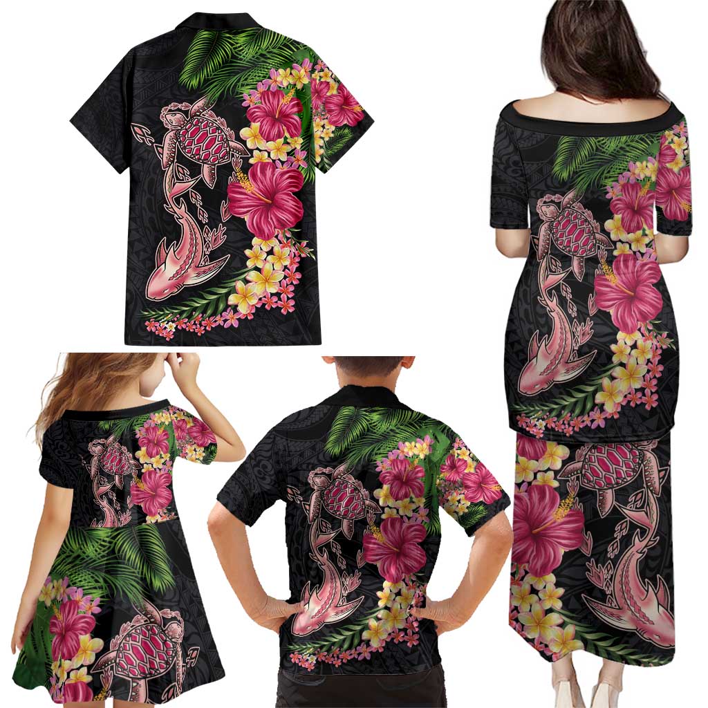 Hawaiian Tropical Plants Turtle and Shark Family Matching Puletasi and Hawaiian Shirt Polynesian Art Tattoo
