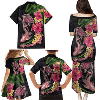 Hawaiian Tropical Plants Turtle and Shark Family Matching Puletasi and Hawaiian Shirt Polynesian Art Tattoo