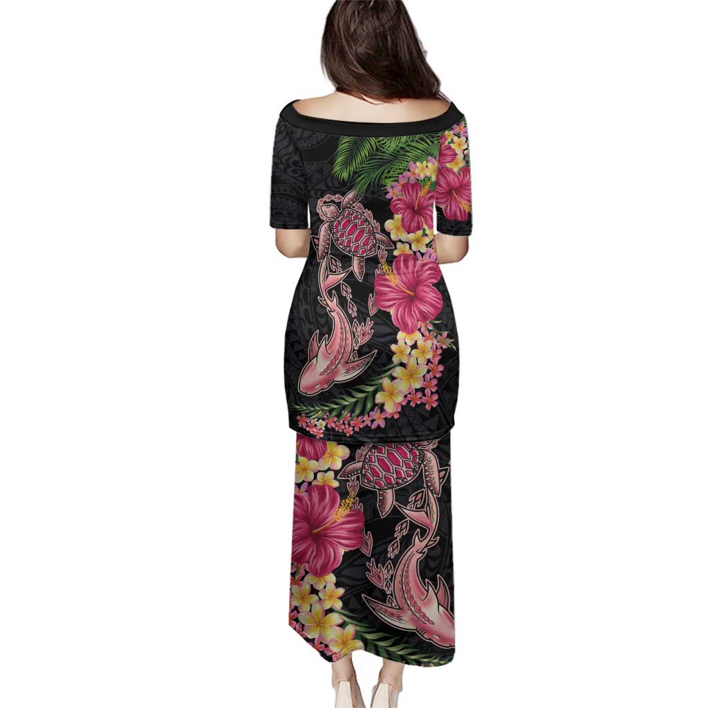 Hawaiian Tropical Plants Turtle and Shark Family Matching Puletasi and Hawaiian Shirt Polynesian Art Tattoo