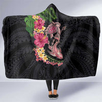 Hawaiian Tropical Plants Turtle and Shark Hooded Blanket Polynesian Art Tattoo LT03 One Size Black - Polynesian Pride