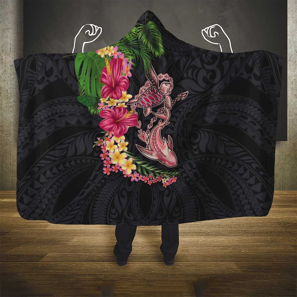 Hawaiian Tropical Plants Turtle and Shark Hooded Blanket Polynesian Art Tattoo LT03 - Polynesian Pride