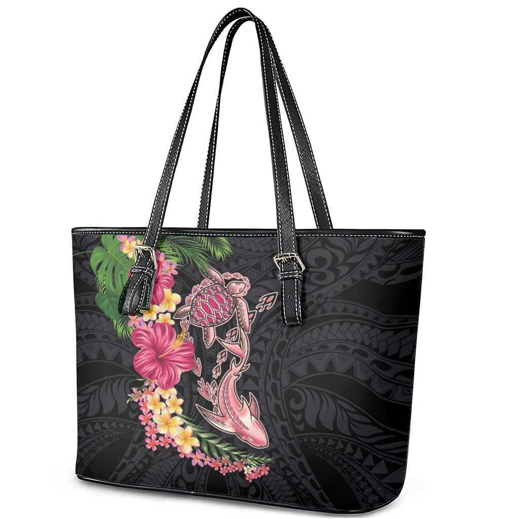 Hawaiian Tropical Plants Turtle and Shark Leather Tote Bag Polynesian Art Tattoo