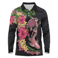 Hawaiian Tropical Plants Turtle and Shark Long Sleeve Polo Shirt Polynesian Art Tattoo