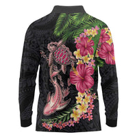 Hawaiian Tropical Plants Turtle and Shark Long Sleeve Polo Shirt Polynesian Art Tattoo