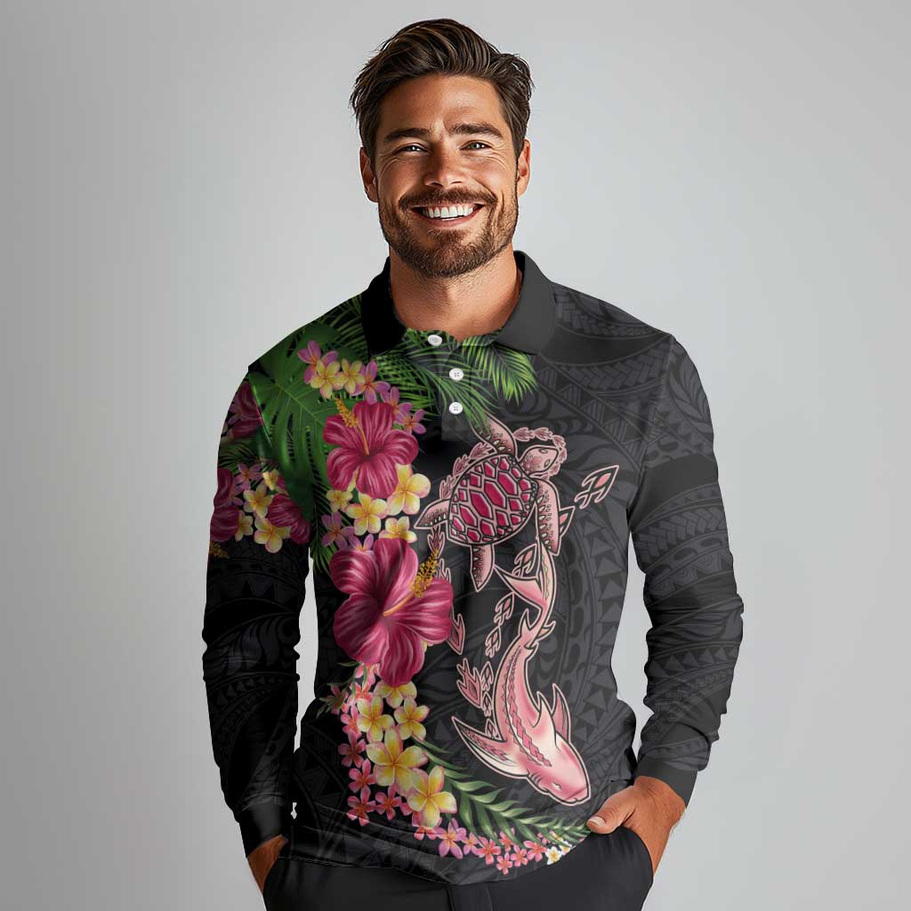 Hawaiian Tropical Plants Turtle and Shark Long Sleeve Polo Shirt Polynesian Art Tattoo