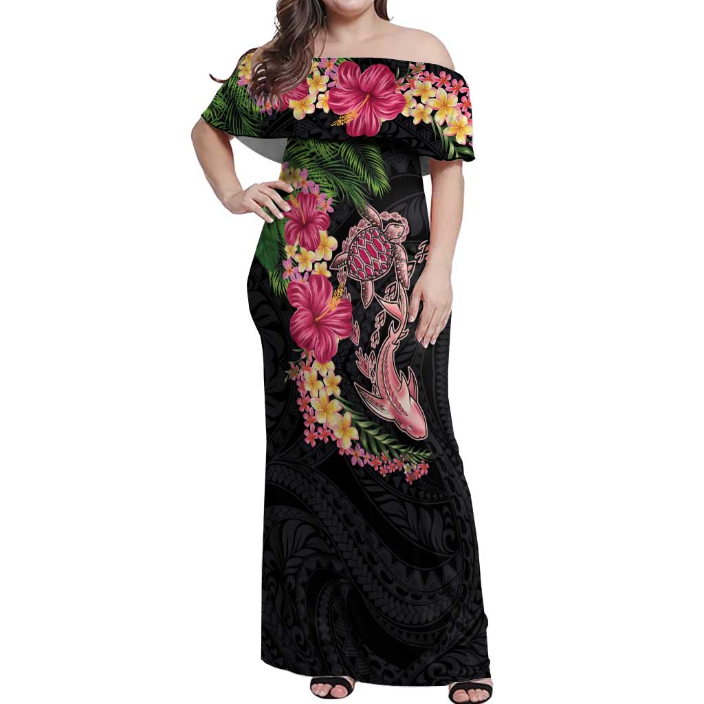 Hawaiian Tropical Plants Turtle and Shark Off Shoulder Maxi Dress Polynesian Art Tattoo LT03 Women Black - Polynesian Pride