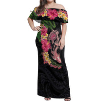 Hawaiian Tropical Plants Turtle and Shark Off Shoulder Maxi Dress Polynesian Art Tattoo LT03 Women Black - Polynesian Pride