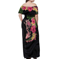 Hawaiian Tropical Plants Turtle and Shark Off Shoulder Maxi Dress Polynesian Art Tattoo LT03 - Polynesian Pride