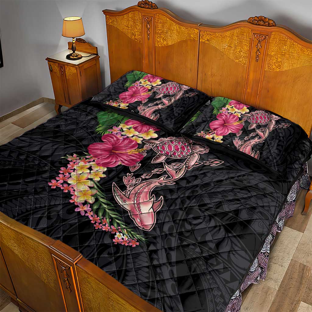 Hawaiian Tropical Plants Turtle and Shark Quilt Bed Set Polynesian Art Tattoo