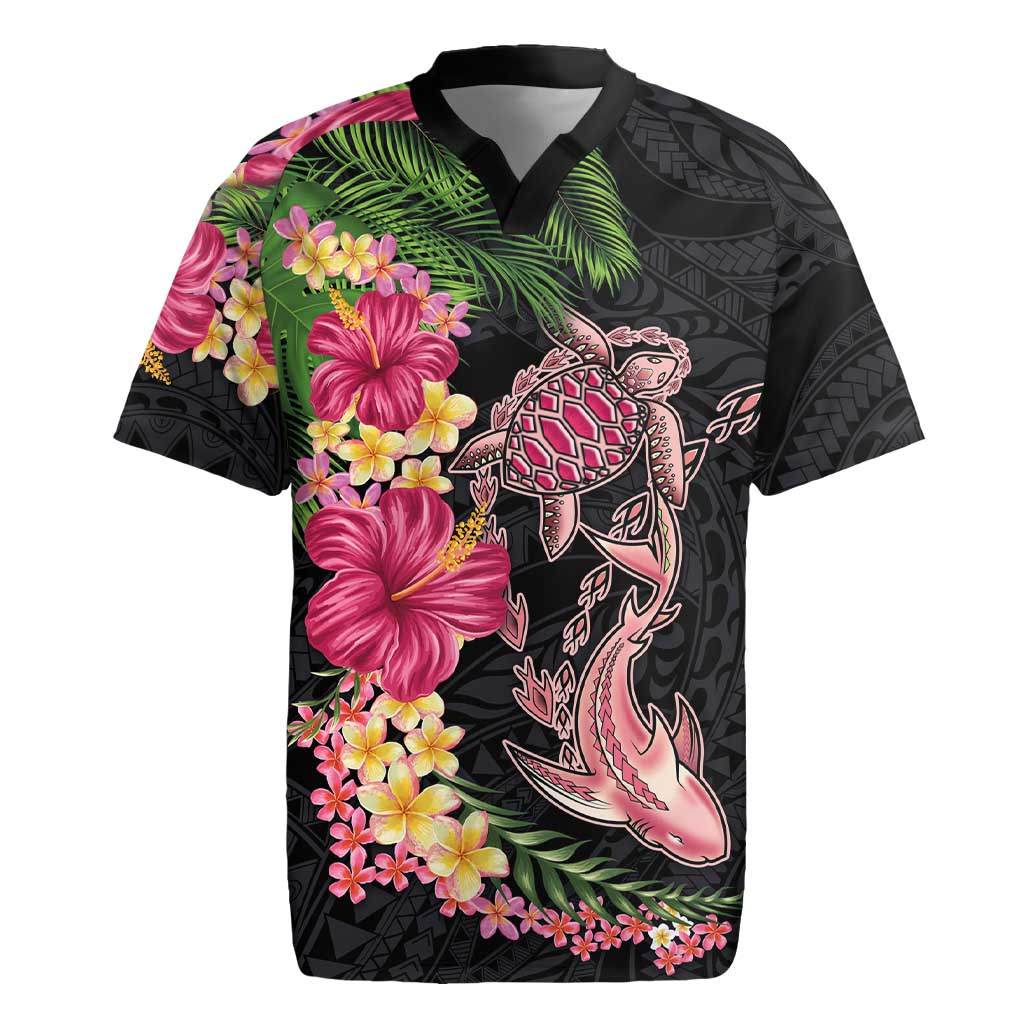 Hawaiian Tropical Plants Turtle and Shark Rugby Jersey Polynesian Art Tattoo