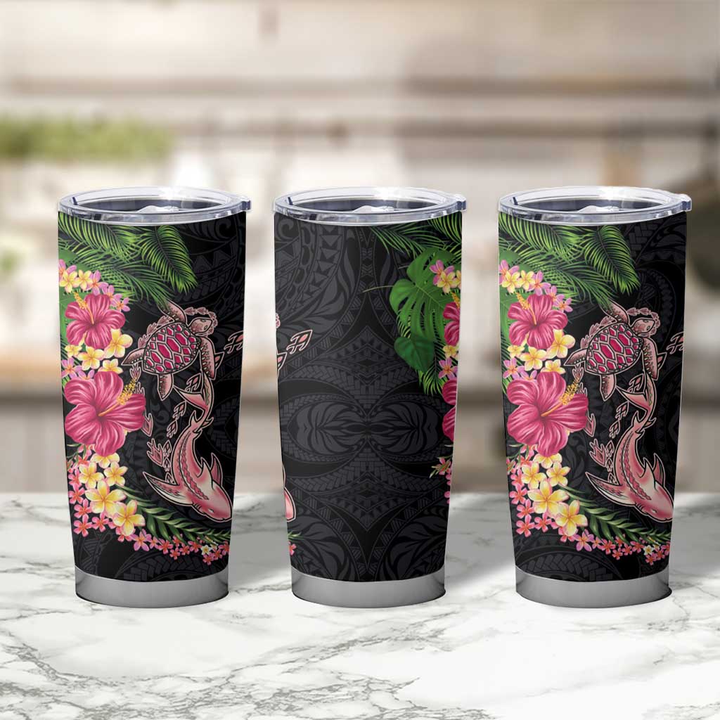 Hawaiian Tropical Plants Turtle and Shark Tumbler Cup Polynesian Art Tattoo