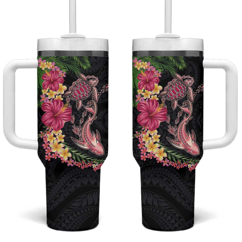 Hawaiian Tropical Plants Turtle and Shark Tumbler With Handle Polynesian Art Tattoo