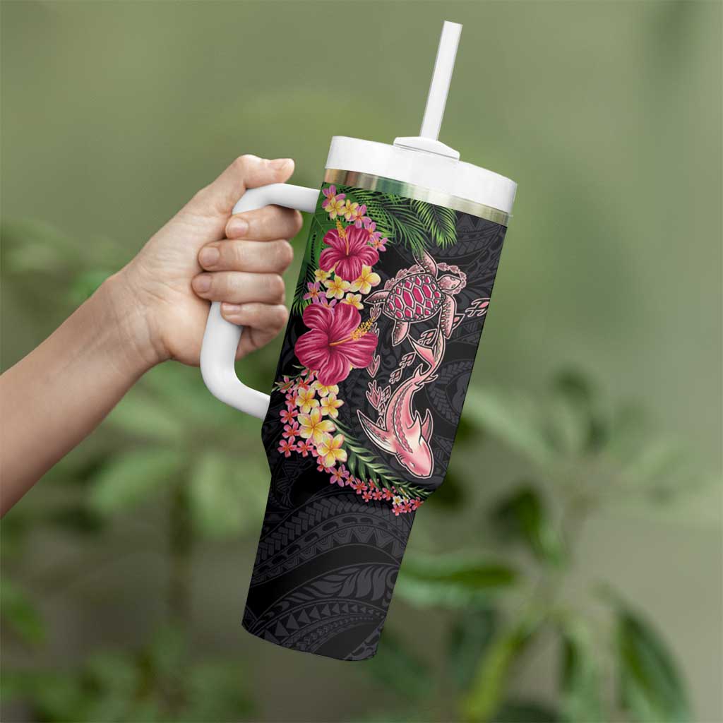 Hawaiian Tropical Plants Turtle and Shark Tumbler With Handle Polynesian Art Tattoo