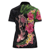 Hawaiian Tropical Plants Turtle and Shark Women Polo Shirt Polynesian Art Tattoo