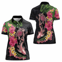 Hawaiian Tropical Plants Turtle and Shark Women Polo Shirt Polynesian Art Tattoo
