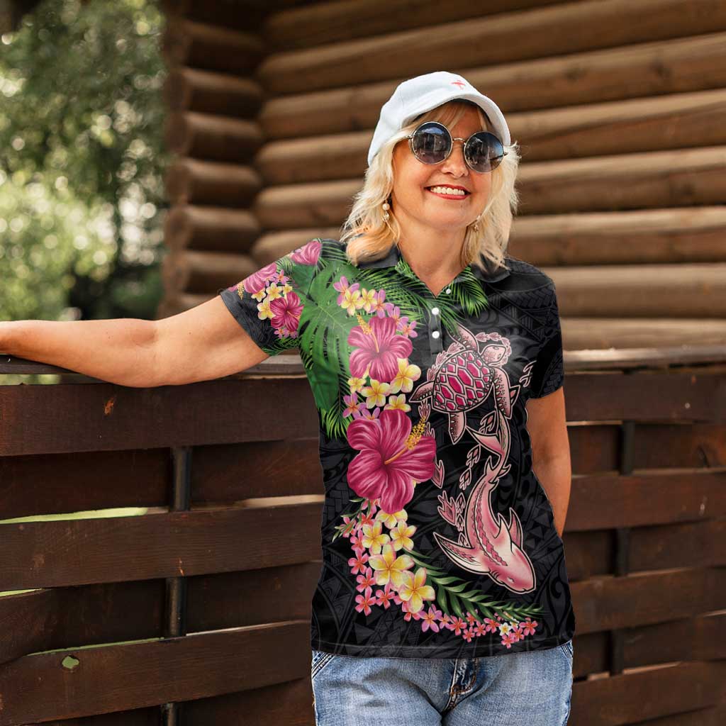 Hawaiian Tropical Plants Turtle and Shark Women Polo Shirt Polynesian Art Tattoo