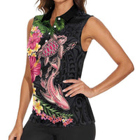 Hawaiian Tropical Plants Turtle and Shark Women Sleeveless Polo Shirt Polynesian Art Tattoo