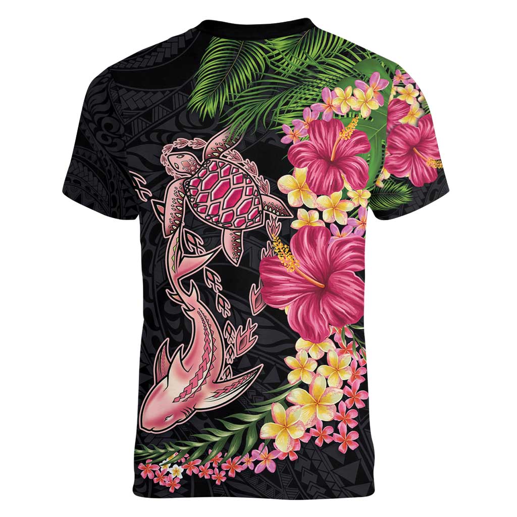 Hawaiian Tropical Plants Turtle and Shark Women V-Neck T-Shirt Polynesian Art Tattoo
