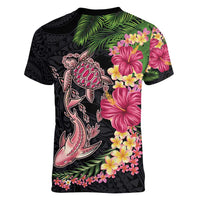 Hawaiian Tropical Plants Turtle and Shark Women V-Neck T-Shirt Polynesian Art Tattoo