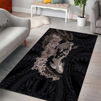 Hawaiian Tropical Plants Turtle and Shark Area Rug Polynesian Art Tattoo Grayscale Color