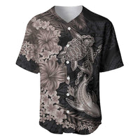 Hawaiian Tropical Plants Turtle and Shark Baseball Jersey Polynesian Art Tattoo Grayscale Color