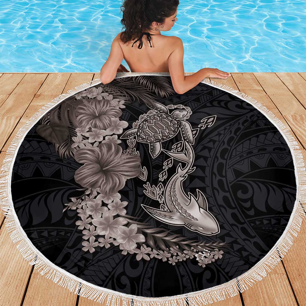 Hawaiian Tropical Plants Turtle and Shark Beach Blanket Polynesian Art Tattoo Grayscale Color