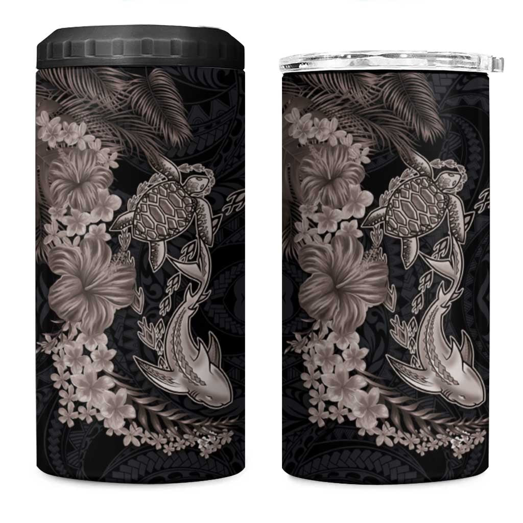 Hawaiian Tropical Plants Turtle and Shark 4 in 1 Can Cooler Tumbler Polynesian Art Tattoo Grayscale Color