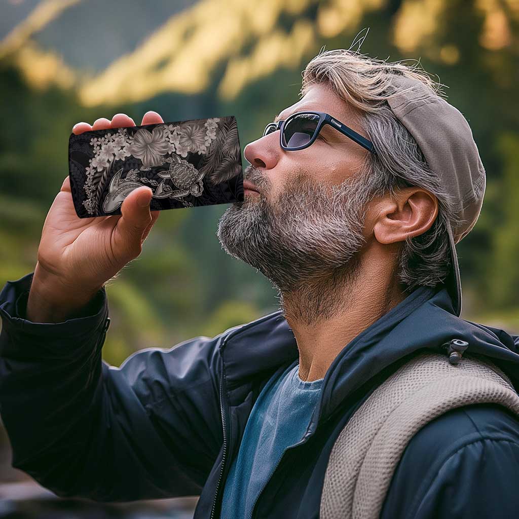 Hawaiian Tropical Plants Turtle and Shark 4 in 1 Can Cooler Tumbler Polynesian Art Tattoo Grayscale Color