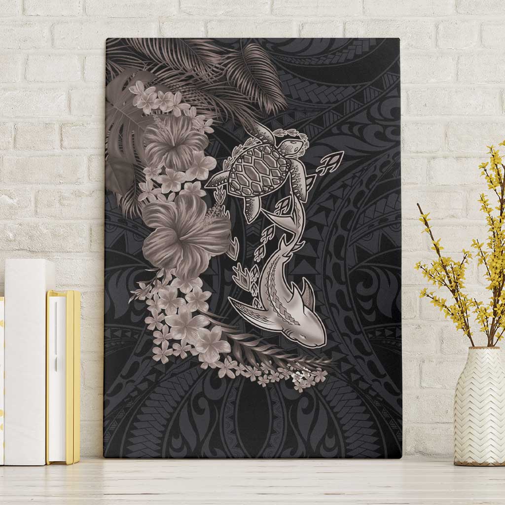 Hawaiian Tropical Plants Turtle and Shark Canvas Wall Art Polynesian Art Tattoo Grayscale Color
