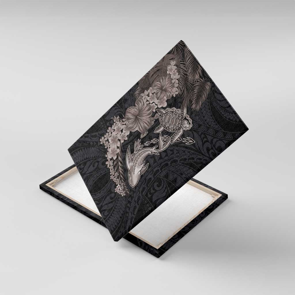 Hawaiian Tropical Plants Turtle and Shark Canvas Wall Art Polynesian Art Tattoo Grayscale Color