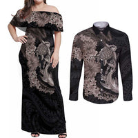 Hawaiian Tropical Plants Turtle and Shark Couples Matching Off Shoulder Maxi Dress and Long Sleeve Button Shirt Polynesian Art Tattoo Grayscale Color