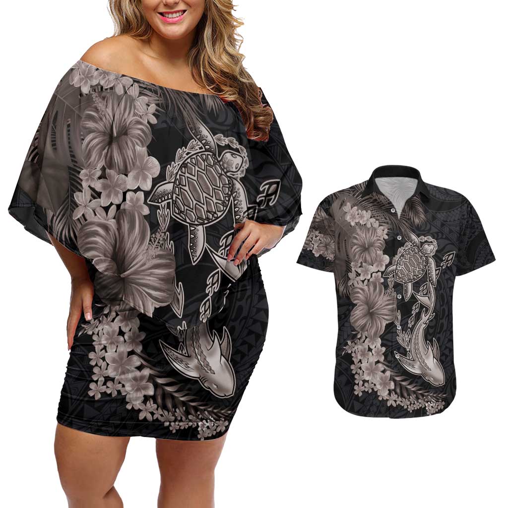 Hawaiian Tropical Plants Turtle and Shark Couples Matching Off Shoulder Short Dress and Hawaiian Shirt Polynesian Art Tattoo Grayscale Color