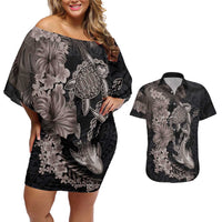 Hawaiian Tropical Plants Turtle and Shark Couples Matching Off Shoulder Short Dress and Hawaiian Shirt Polynesian Art Tattoo Grayscale Color
