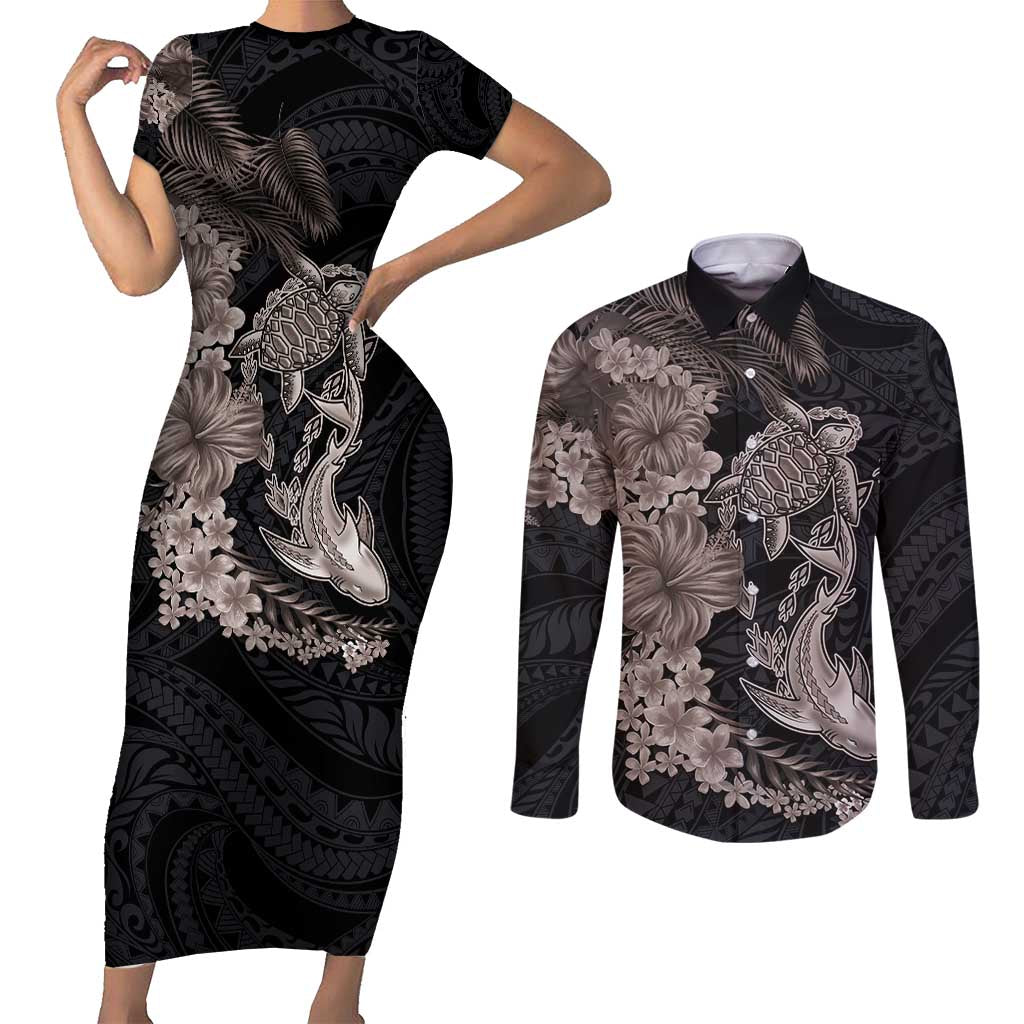 Hawaiian Tropical Plants Turtle and Shark Couples Matching Short Sleeve Bodycon Dress and Long Sleeve Button Shirt Polynesian Art Tattoo Grayscale Color