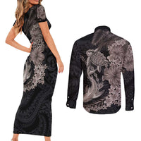 Hawaiian Tropical Plants Turtle and Shark Couples Matching Short Sleeve Bodycon Dress and Long Sleeve Button Shirt Polynesian Art Tattoo Grayscale Color