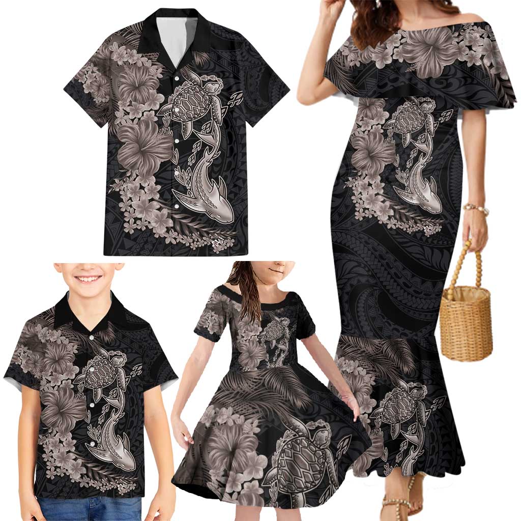Hawaiian Tropical Plants Turtle and Shark Family Matching Mermaid Dress and Hawaiian Shirt Polynesian Art Tattoo Grayscale Color