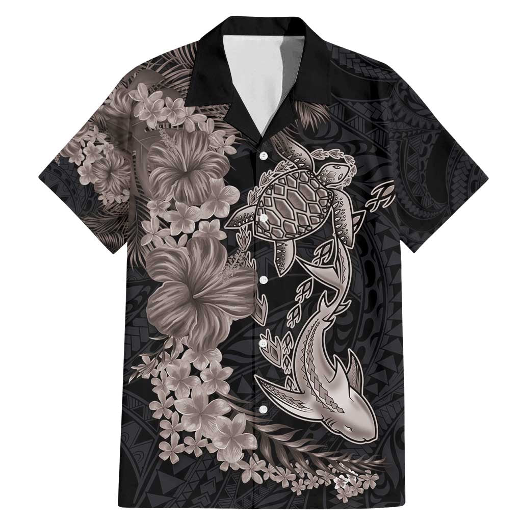 Hawaiian Tropical Plants Turtle and Shark Family Matching Mermaid Dress and Hawaiian Shirt Polynesian Art Tattoo Grayscale Color