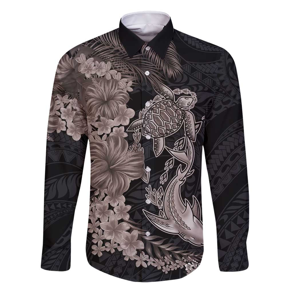 Hawaiian Tropical Plants Turtle and Shark Family Matching Mermaid Dress and Hawaiian Shirt Polynesian Art Tattoo Grayscale Color