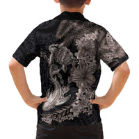 Hawaiian Tropical Plants Turtle and Shark Family Matching Off The Shoulder Long Sleeve Dress and Hawaiian Shirt Polynesian Art Tattoo Grayscale Color