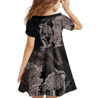 Hawaiian Tropical Plants Turtle and Shark Family Matching Off The Shoulder Long Sleeve Dress and Hawaiian Shirt Polynesian Art Tattoo Grayscale Color