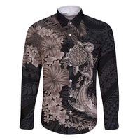 Hawaiian Tropical Plants Turtle and Shark Family Matching Off The Shoulder Long Sleeve Dress and Hawaiian Shirt Polynesian Art Tattoo Grayscale Color