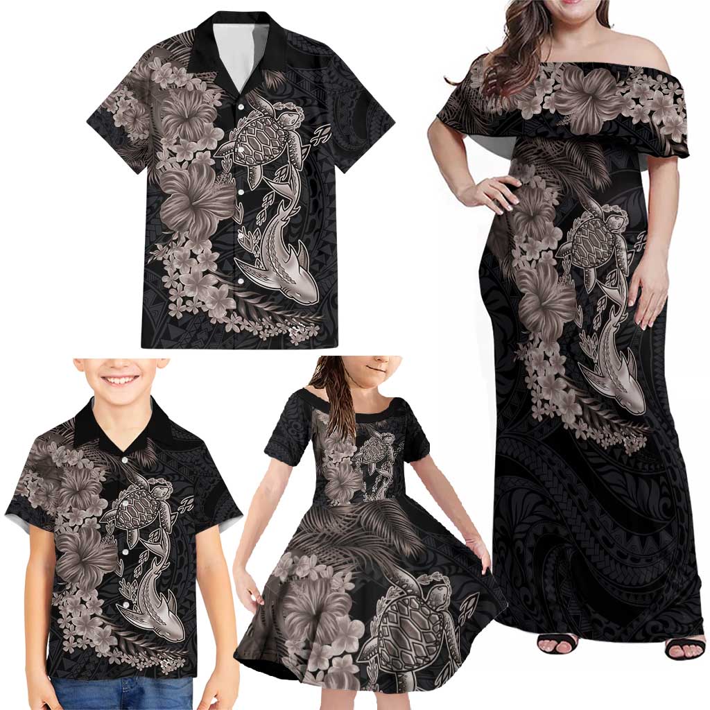 Hawaiian Tropical Plants Turtle and Shark Family Matching Off Shoulder Maxi Dress and Hawaiian Shirt Polynesian Art Tattoo Grayscale Color